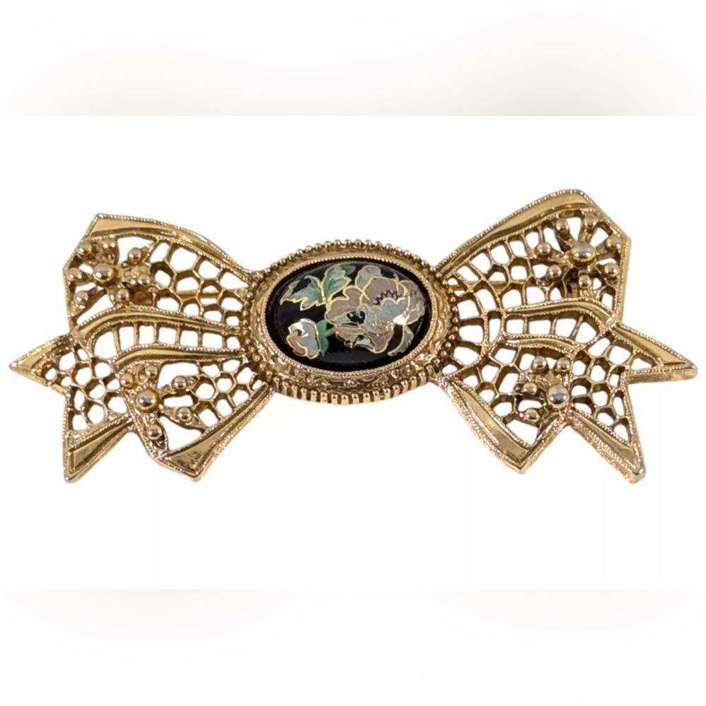 Vintage 1928 Victorian Elegant Gold Bow Brooch with blue pink Floral Design